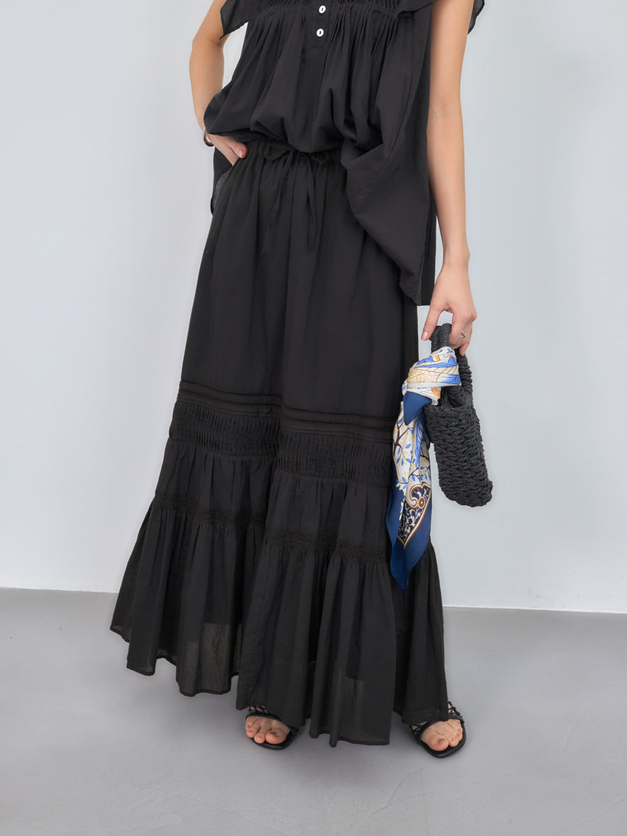 【手洗い可】【Made in India】ピンタックティアードスカート-short & regular　[通常]