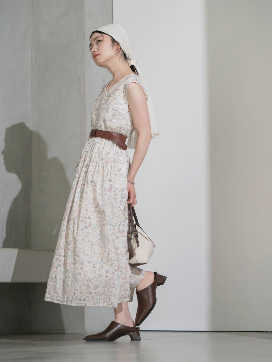 【COHINA MADE WITH LIBERTY FABRIC】ノースリーブリボンベルトワンピース-short & regular　[通常]