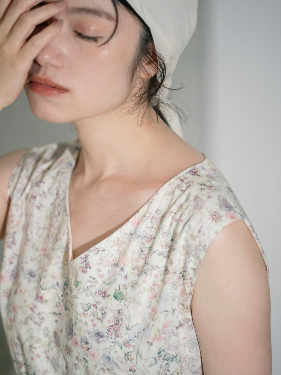 【COHINA MADE WITH LIBERTY FABRIC】ノースリーブリボンベルトワンピース-short & regular　[通常]