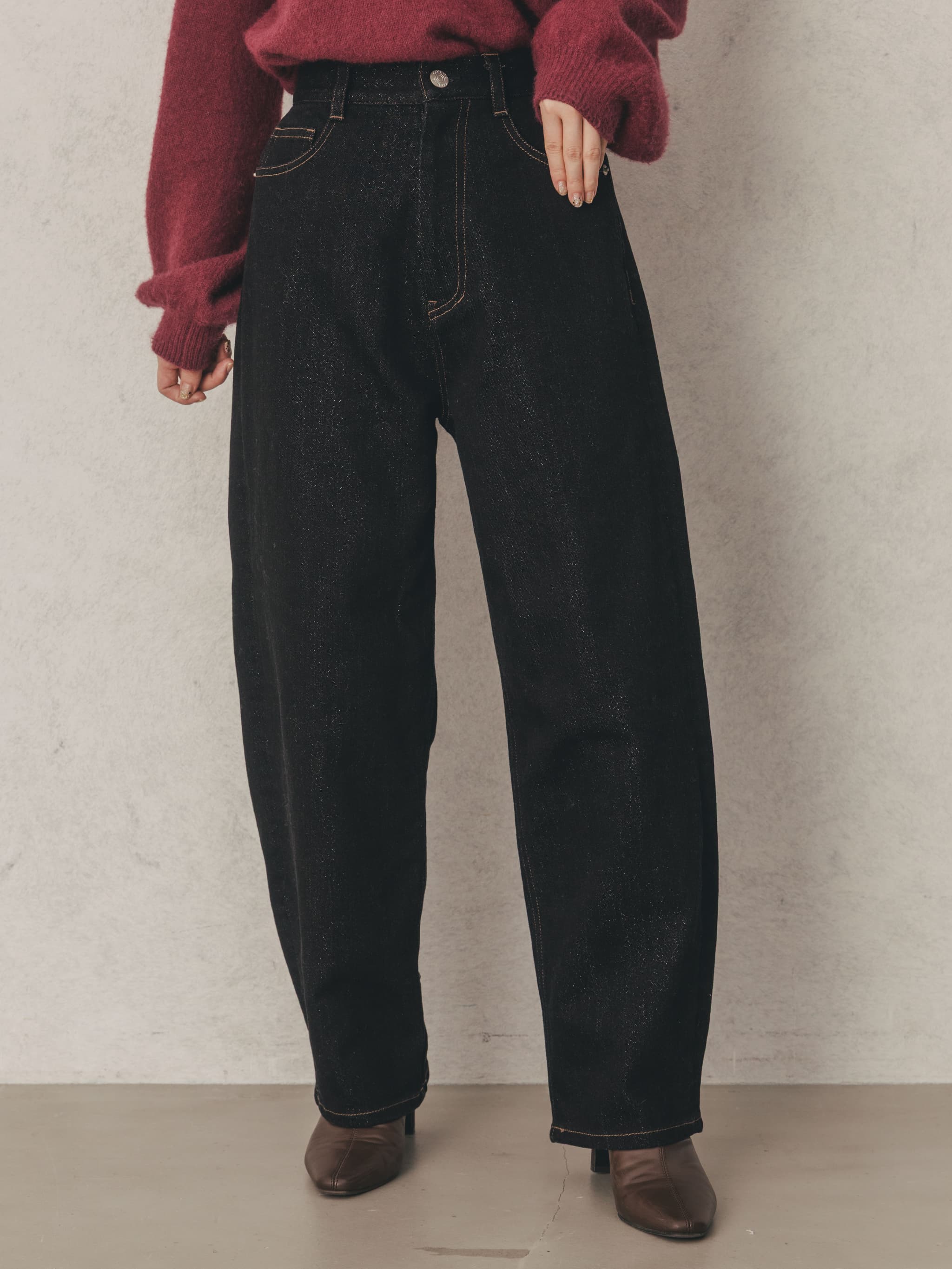 COHINAコヒナ タックデザインハイウエストデニムパンツ　ブラック ハイウエストタックワイドデニム-short & regular | 小柄・低身長女性