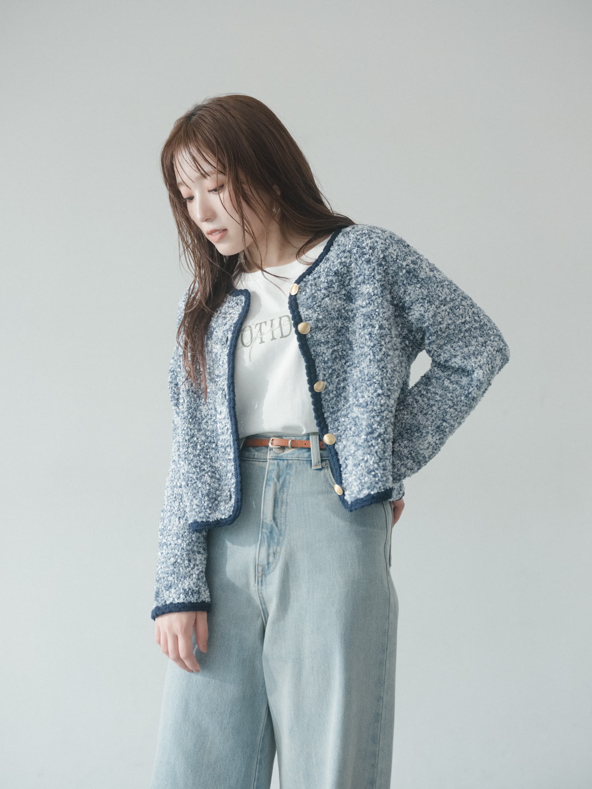 【美品】COHINA ツイードニットカーディガン 長袖 ジャケット パール ツイードゴールドボタンニットカーディガン | 小柄・低身長女性