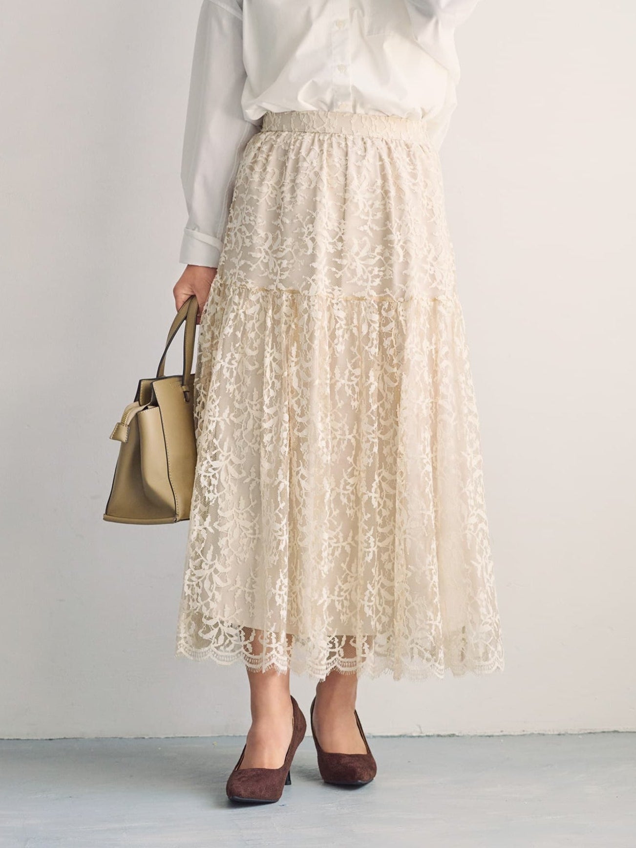 ベージュ レース スカート スカラップヘム anuans スカート スカラップレースヘムタイトスカート