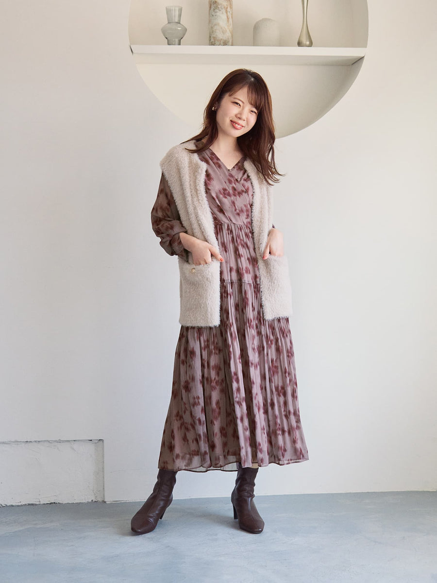 シェードフラワープリーツティアードワンピース-short & regular　[通常]