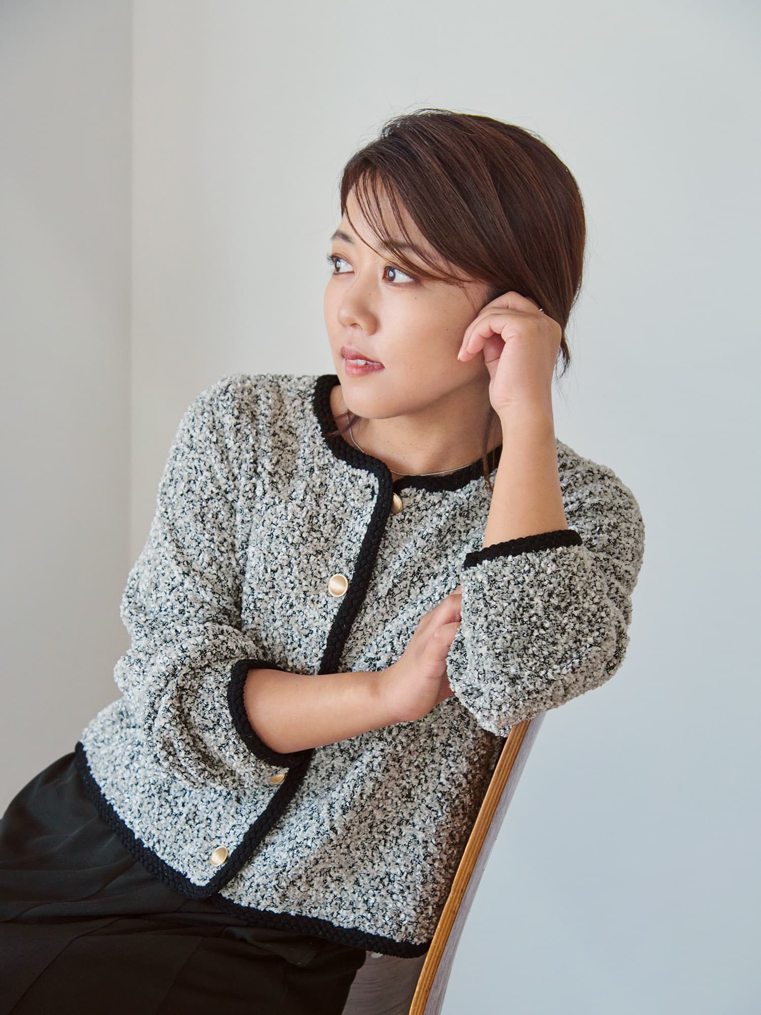 【美品】COHINA ツイードニットカーディガン 長袖 ジャケット パール ラメツイードニットカーディガン | 小柄・低身長女性向け