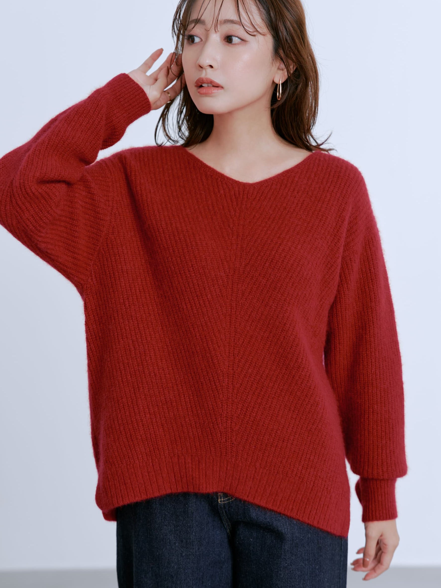 フォックスアンゴラVネックパターン柄ニット | 小柄・低身長女性