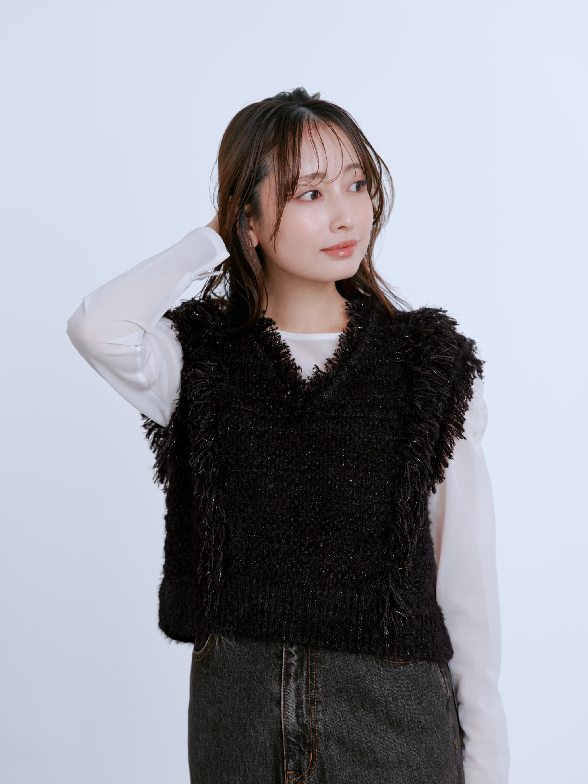 ラメミックスフリンジベスト | 小柄・低身長女性向け