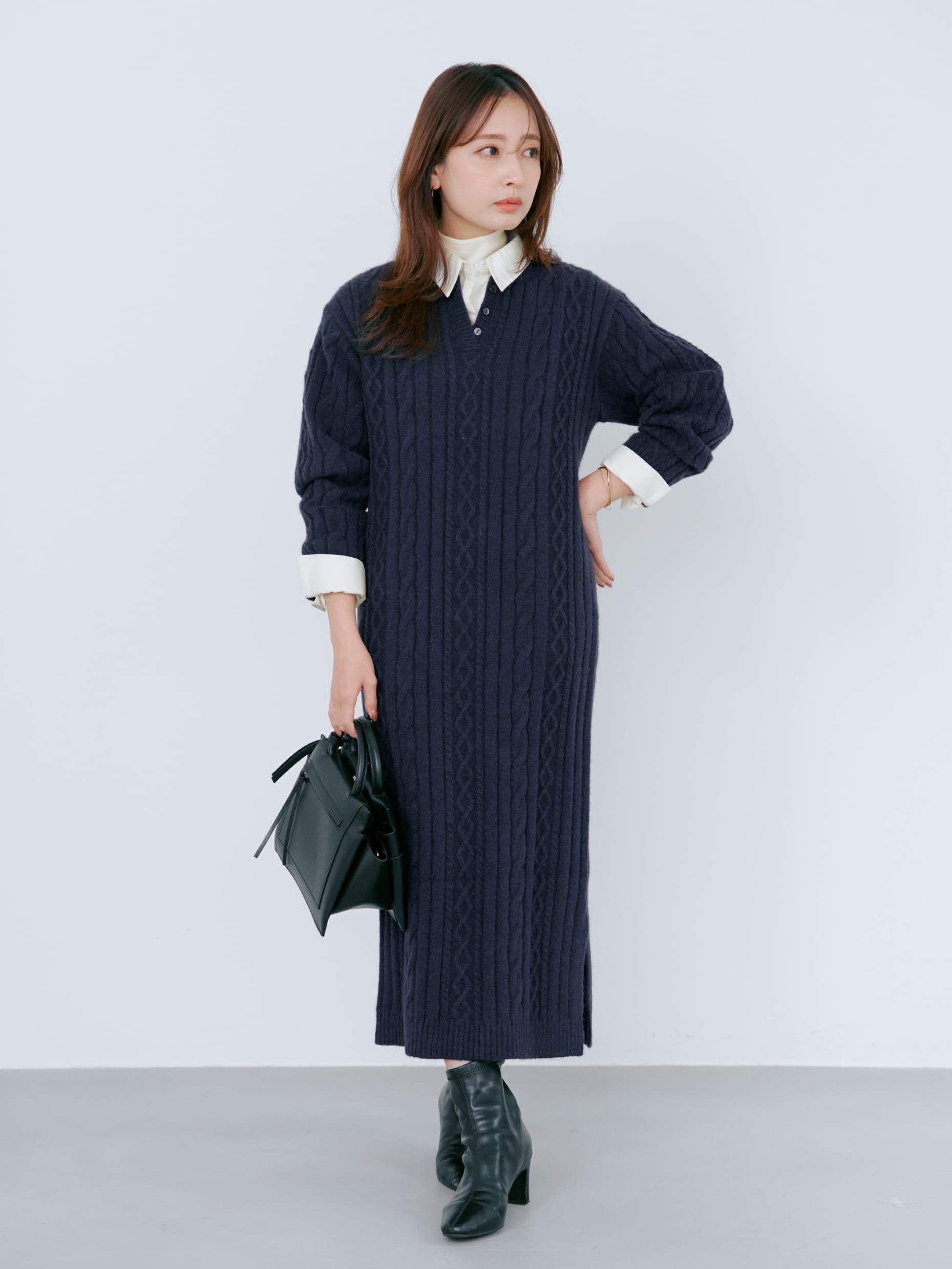 ケーブルミックスニットワンピース-short & regular | 小柄・低身長