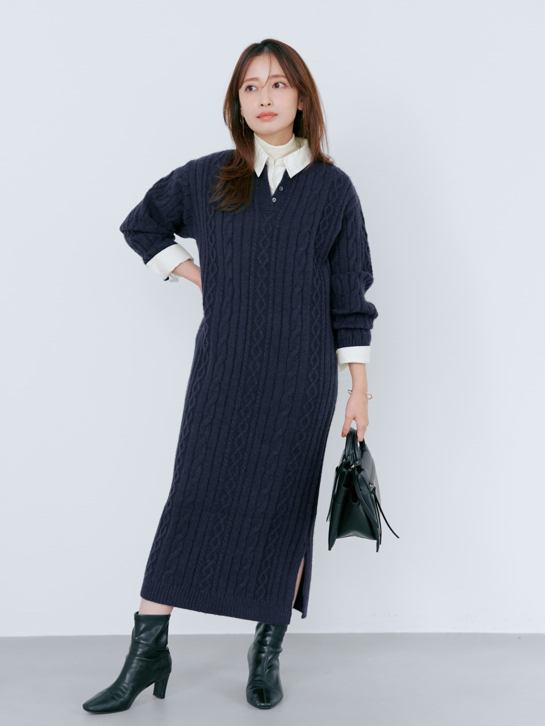 【新品未使用】 　 ケーブルニットワンピース　ネイビー ケーブルミックスニットワンピース-short & regular | 小柄・低身長
