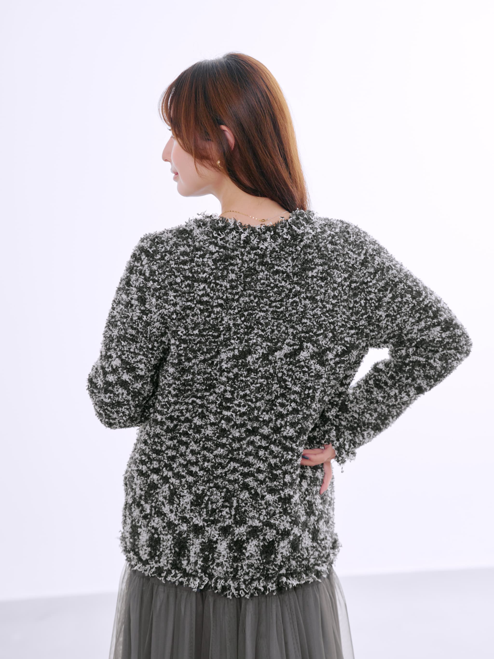 【美品】COHINA ツイードニットカーディガン 長袖 ジャケット パール ツイード ニットジャケット カーディガン