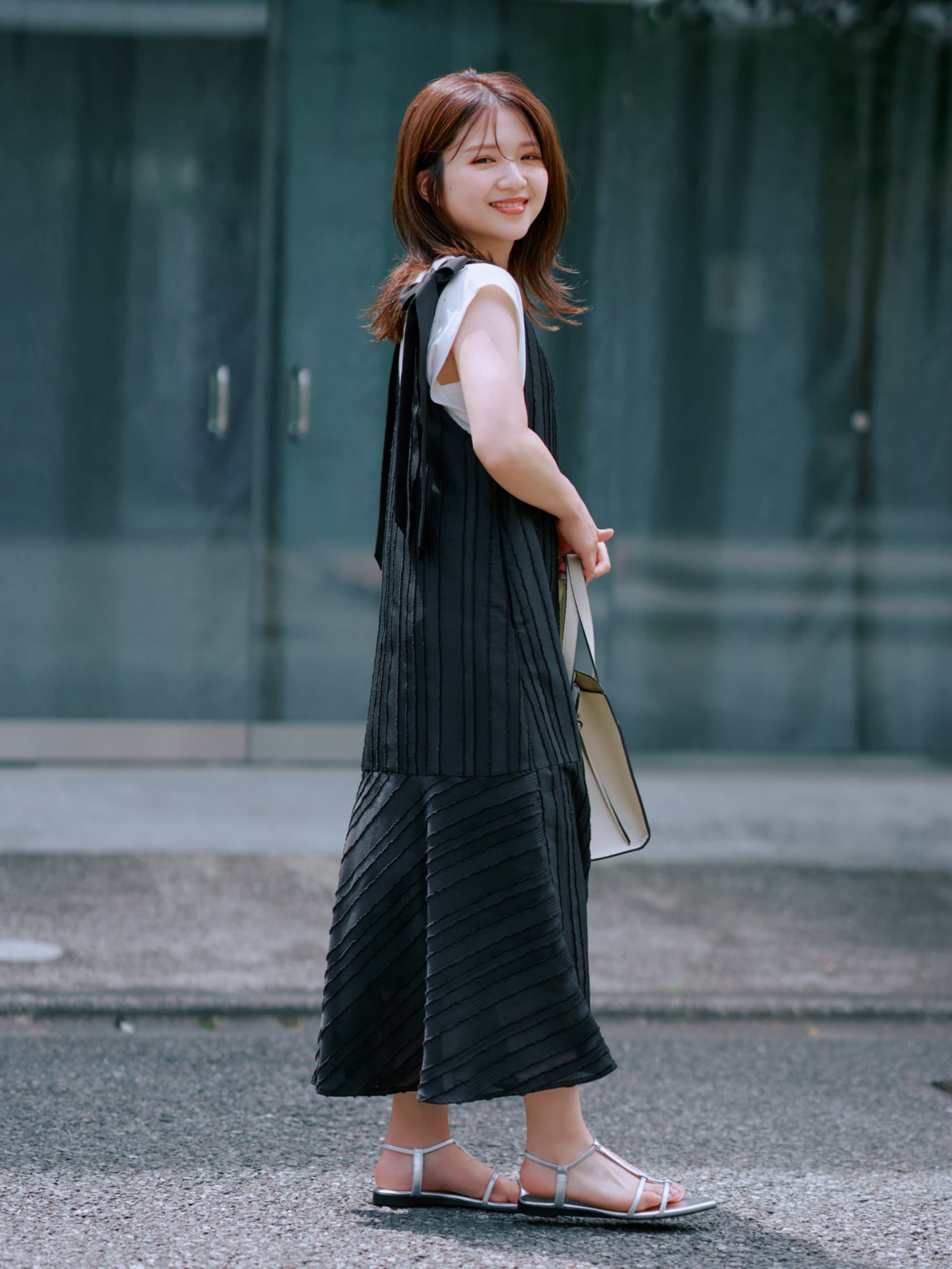 ストライプリボンショルダーワンピース | 小柄・低身長女性向け