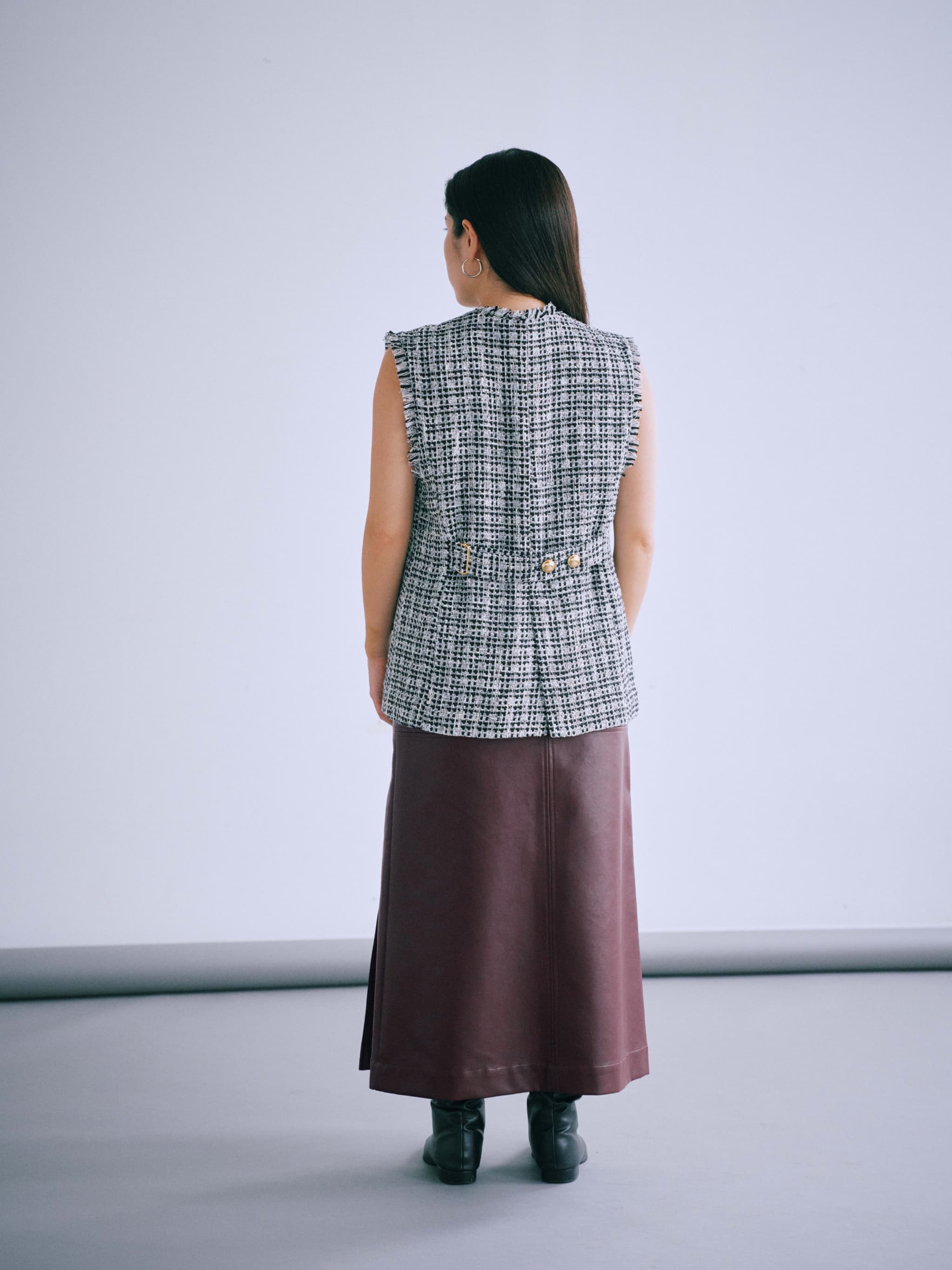 ゴールドボタンノーカラーツイードジレ | 小柄・低身長女性向け