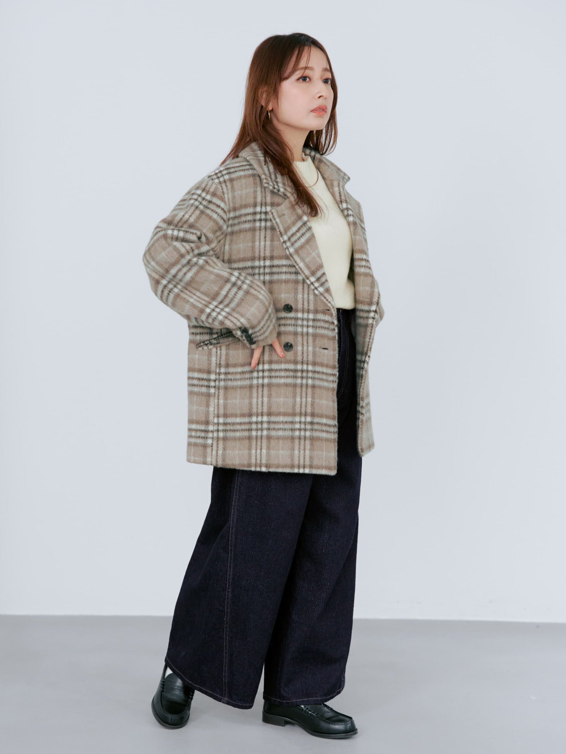 【美品】COHINA ウールシャギーチェックダブルコート ウールシャギーチェックダブルコート | 小柄・低身長女性向け
