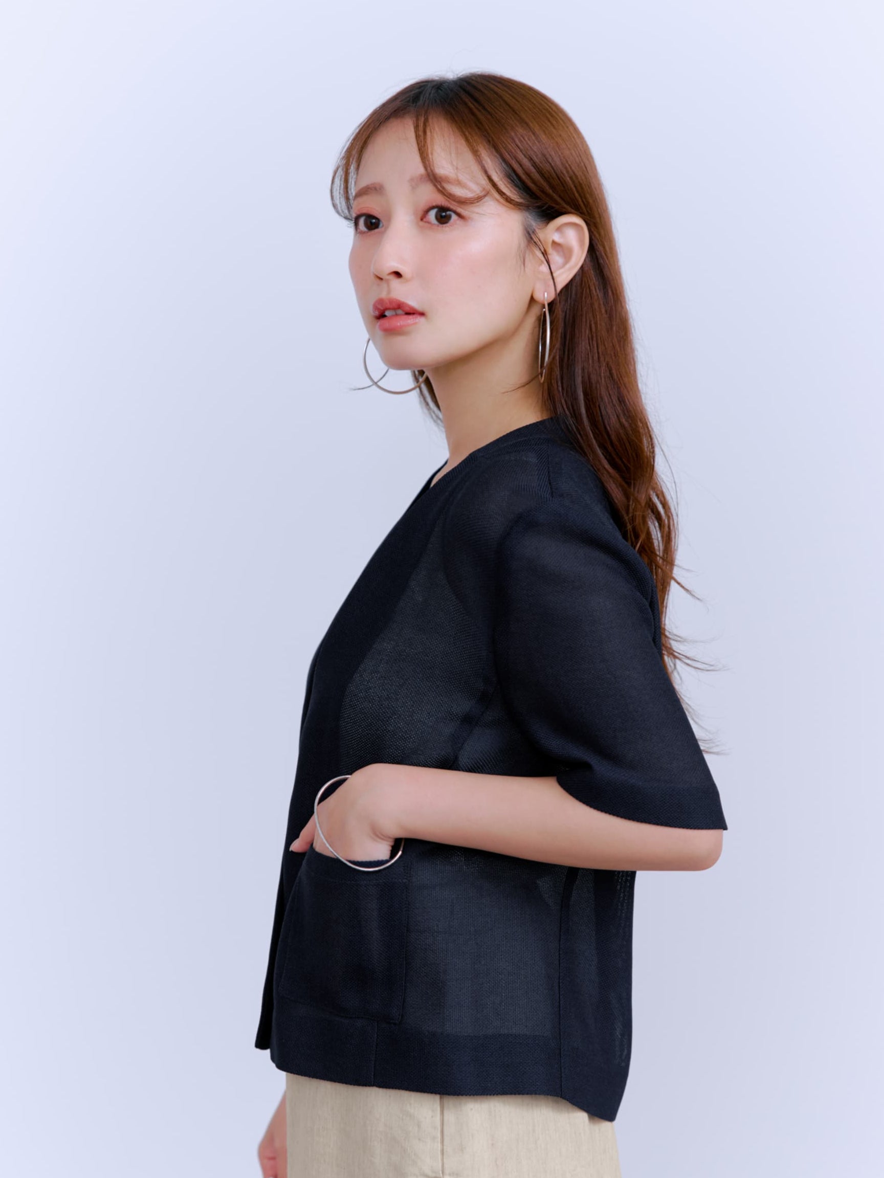 ハーフスリーブノーカラーメッシュジャケット | 小柄・低身長女性向け