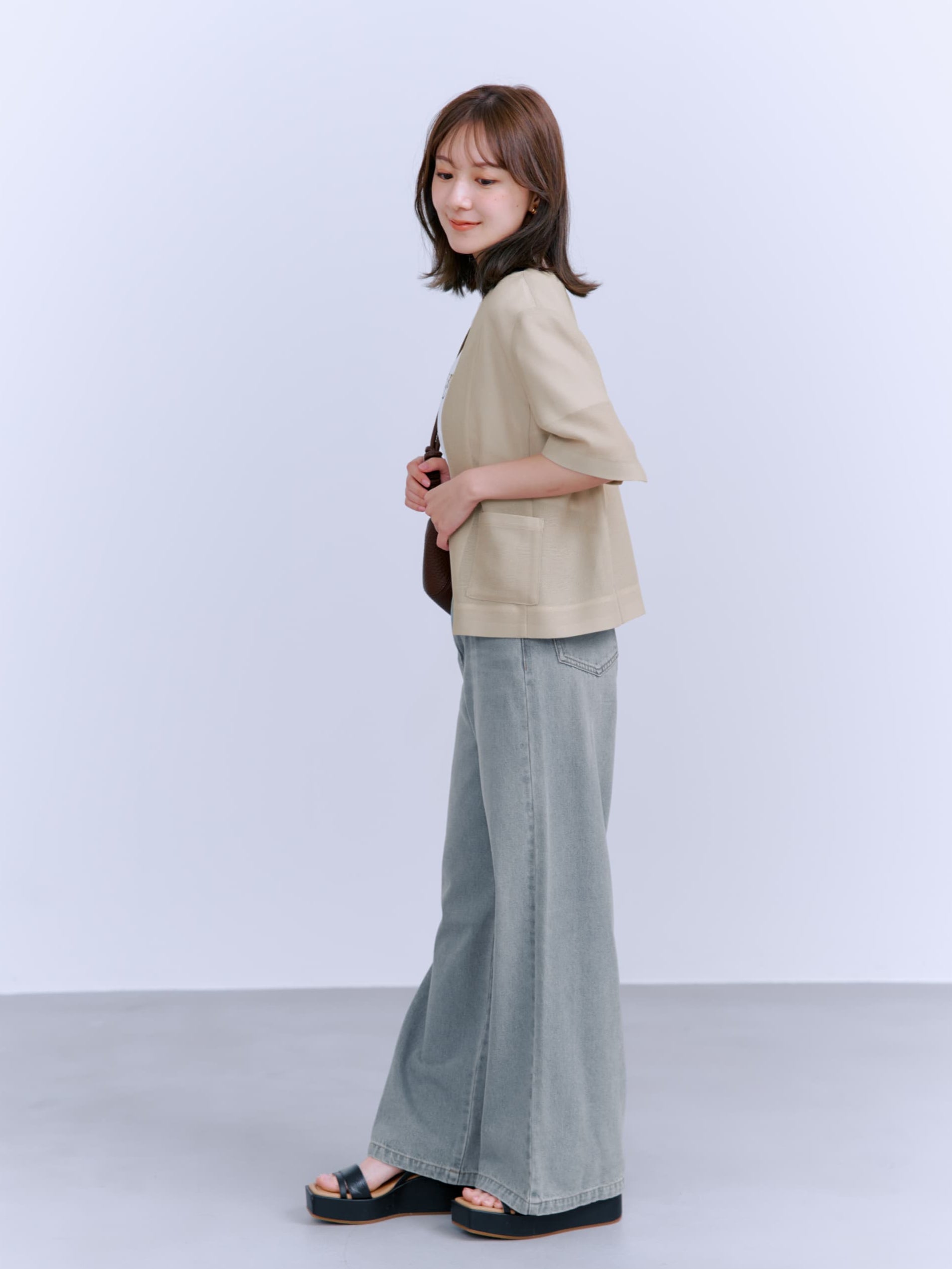 COHINAコヒナ ハーフスリーブ ノーカラーメッシュジャケット ♡ ハーフスリーブノーカラーメッシュジャケット | 小柄・低身長