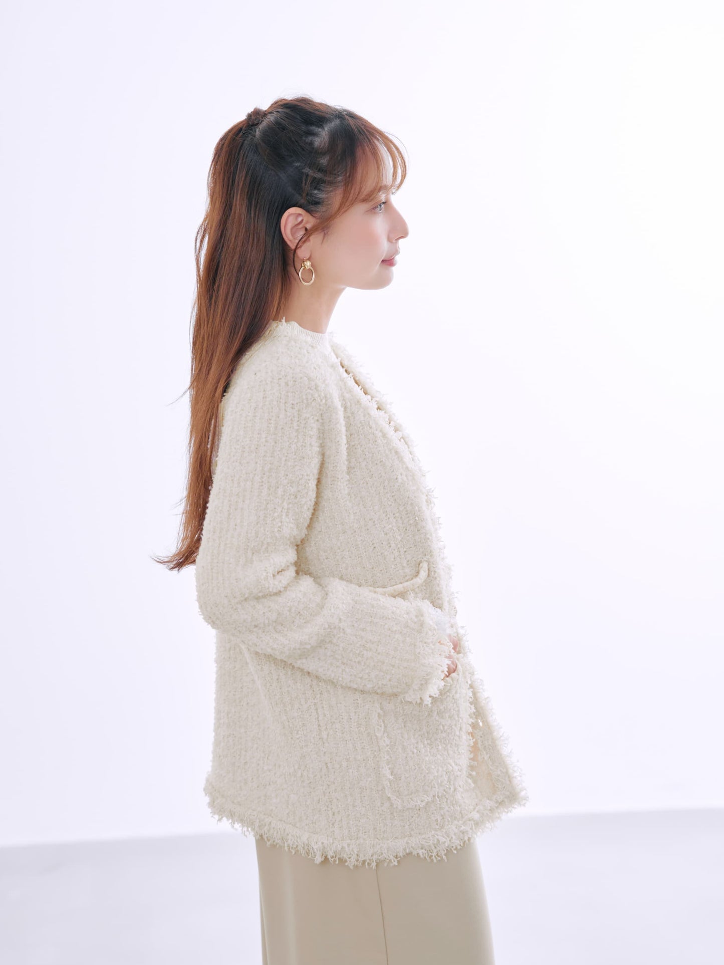 フリンジツイードニットジャケット　[通常]