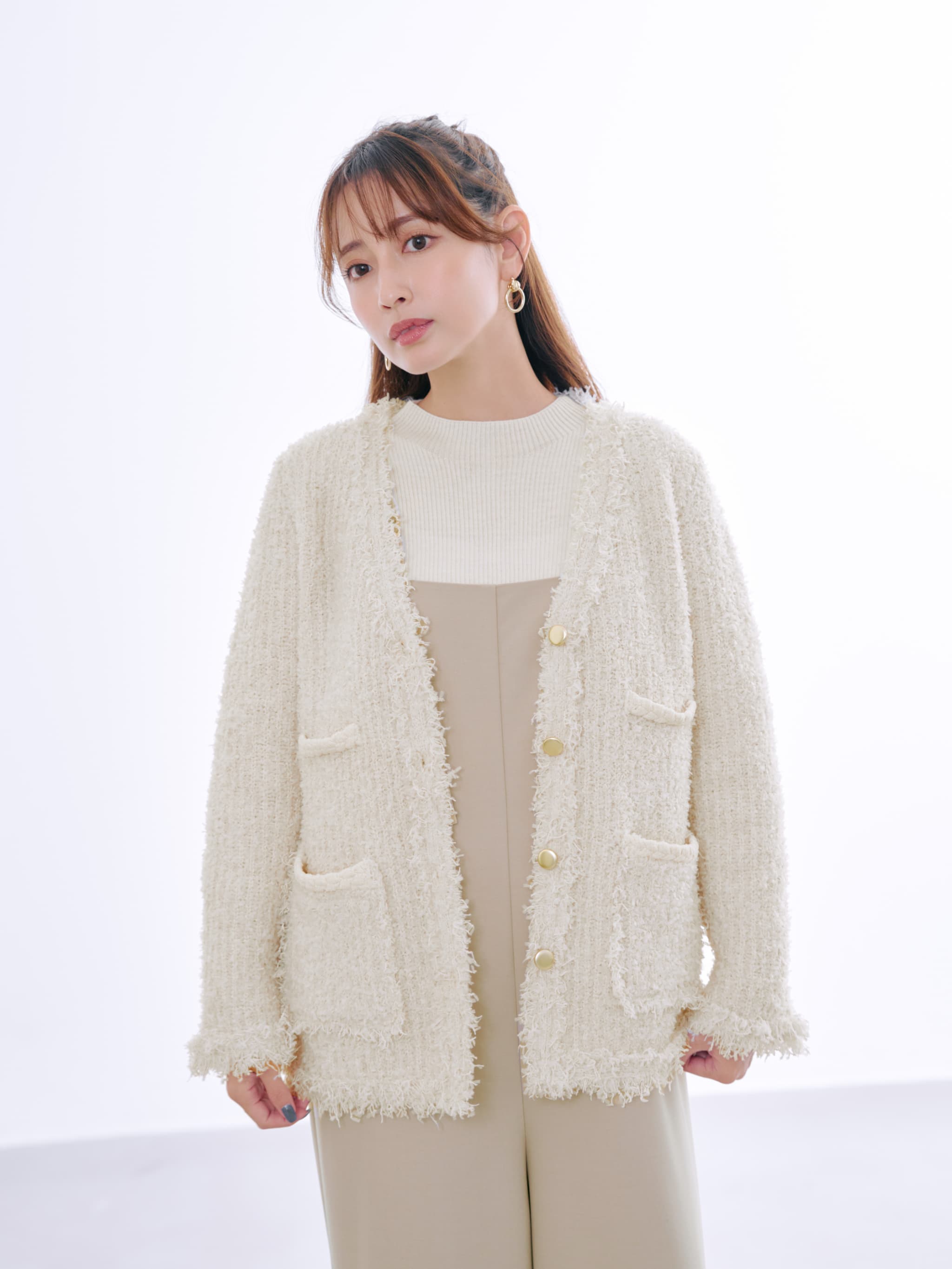フリンジツイードニットジャケット | 小柄・低身長女性向け