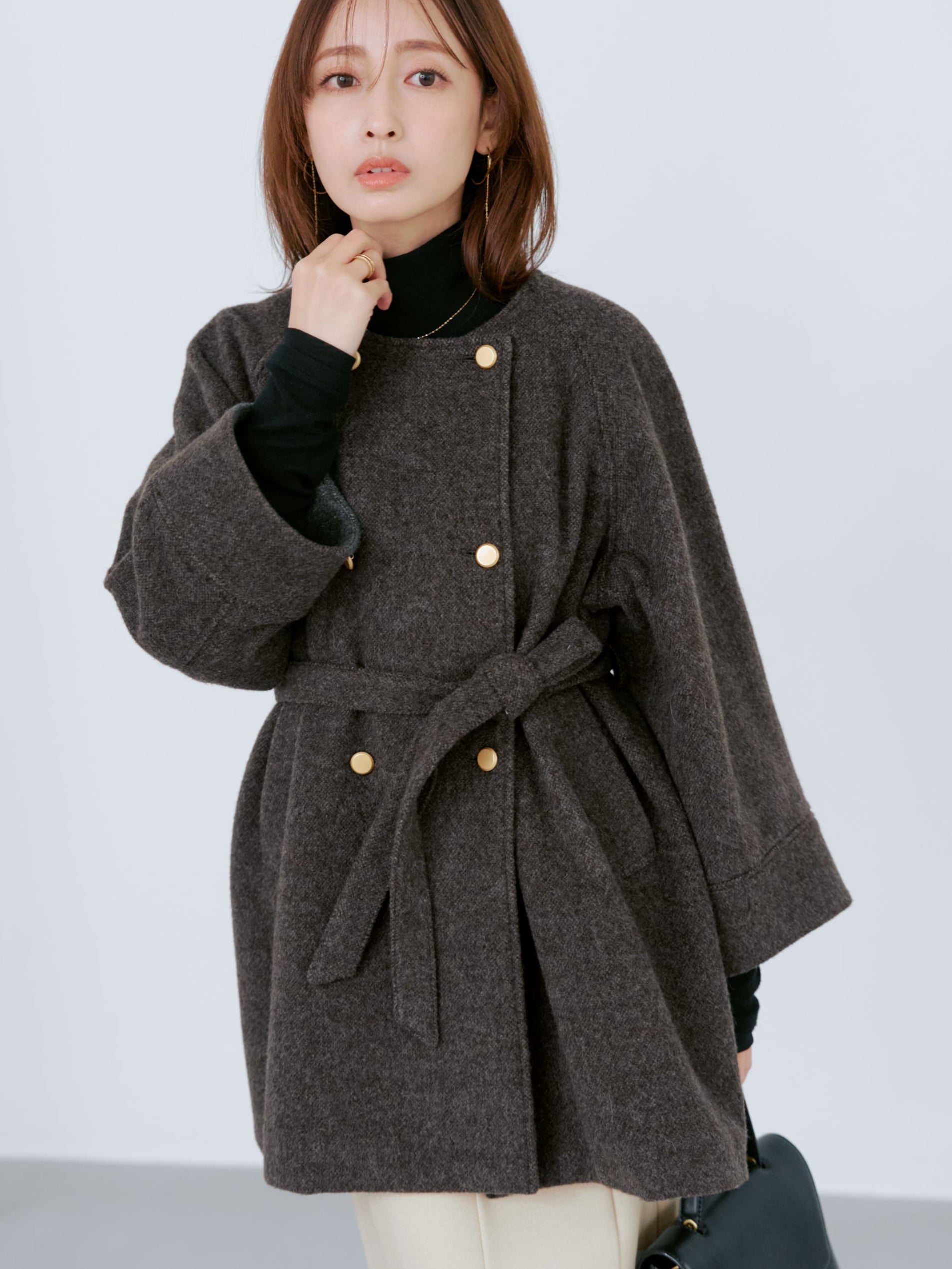 2wayカラーゴールドボタンミドルコート | 小柄・低身長女性向け