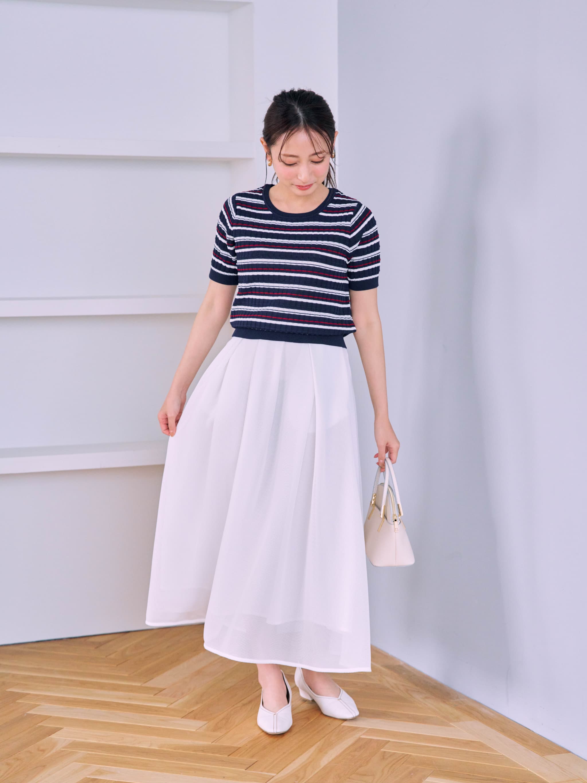 新品♡リランドチュール♡ボーダーサマーニット♡ネイビー&ホワイト マルチボーダーサマーニットトップス | 小柄・低身長女性向け