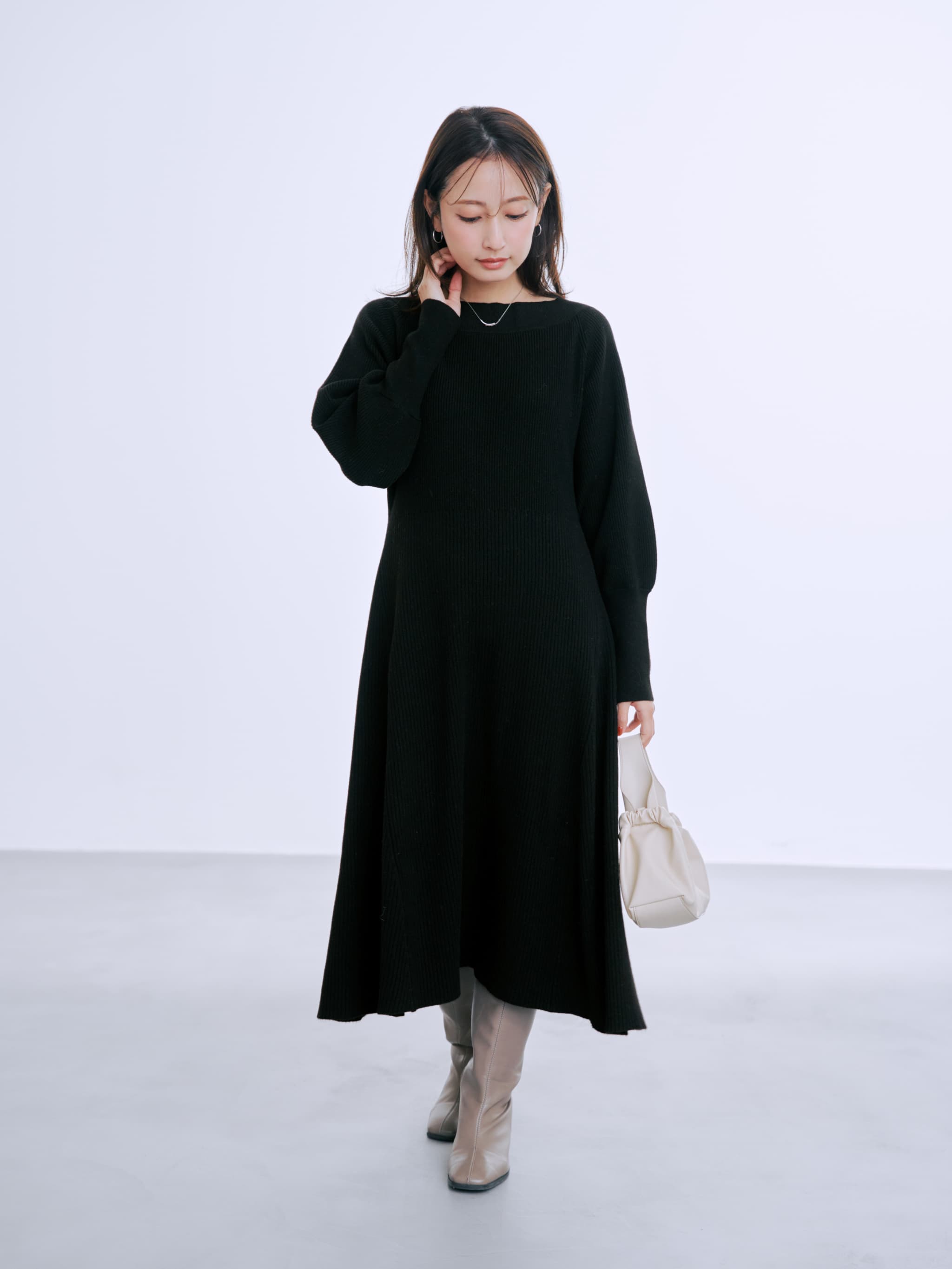 パターンリブフレアニットワンピース-short & regular | 小柄・低身長