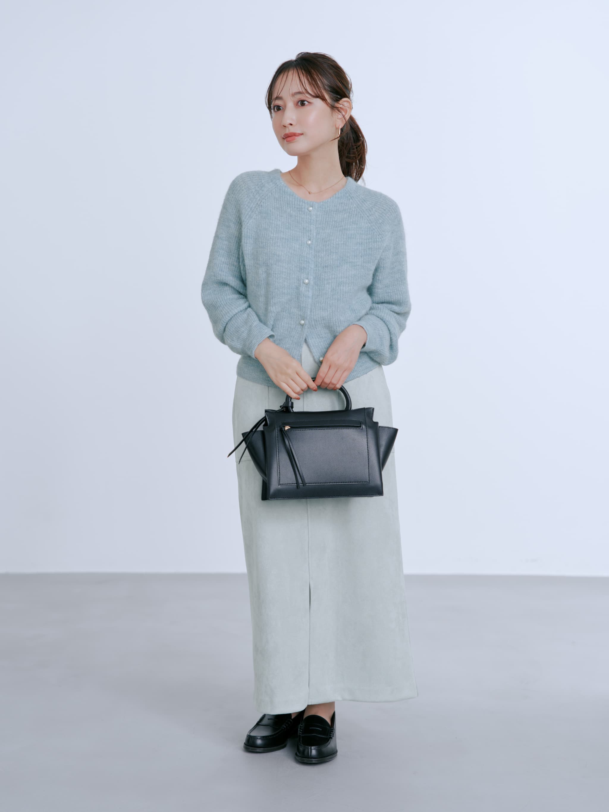 【COHINA】新品アルパカミックスパールカーディガン ブルー 水色 アルパカミックスパールカーディガン | 小柄・低身長女性向け