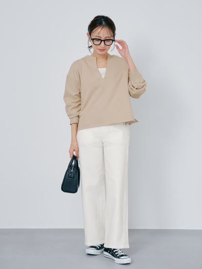 裏毛スキッパーネックトップス　[通常]