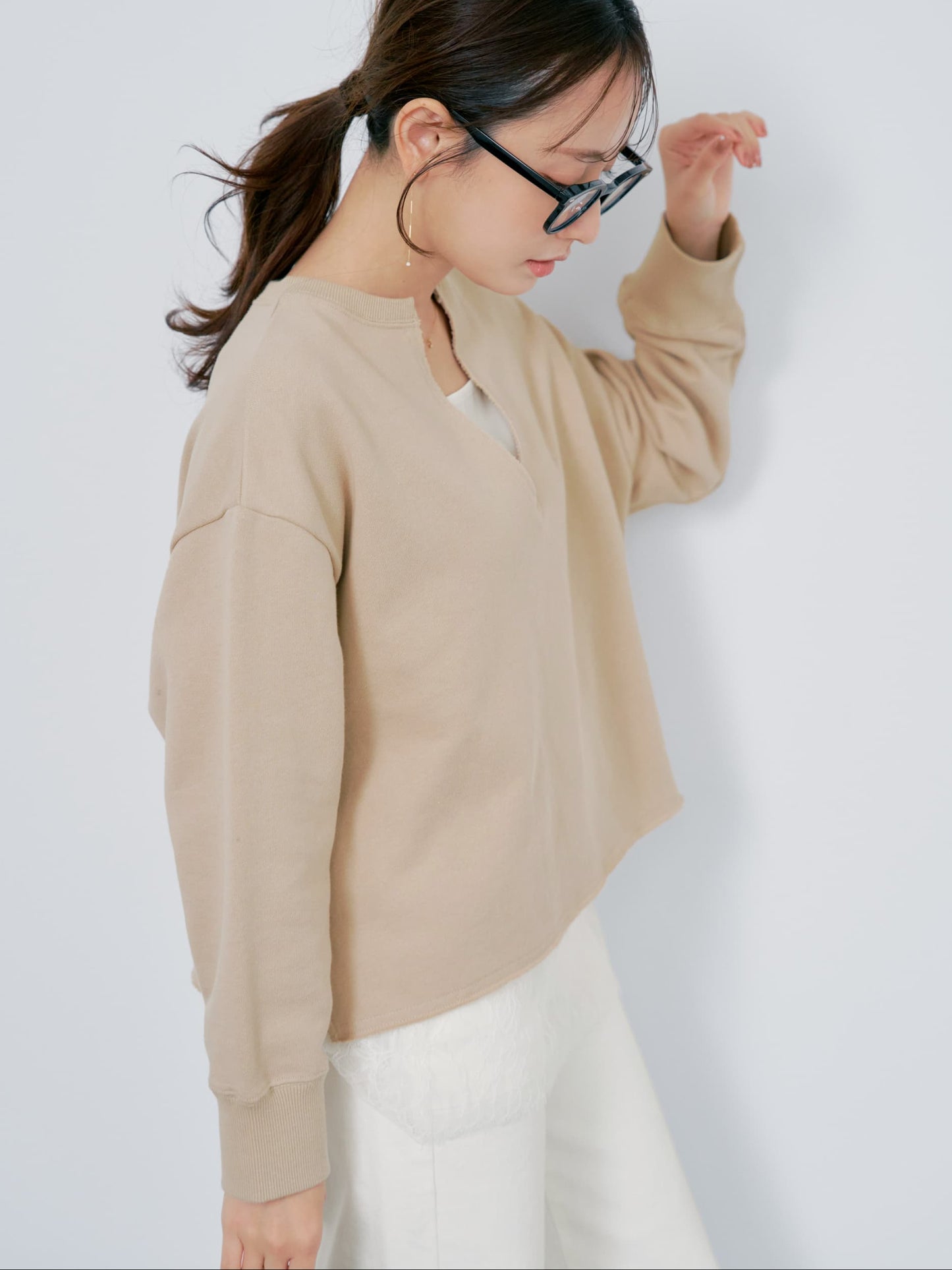 裏毛スキッパーネックトップス　[通常]