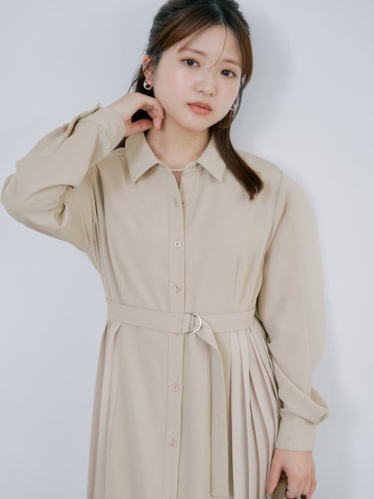 ベルト付きサイドプリーツワンピース-short & regular　[通常]