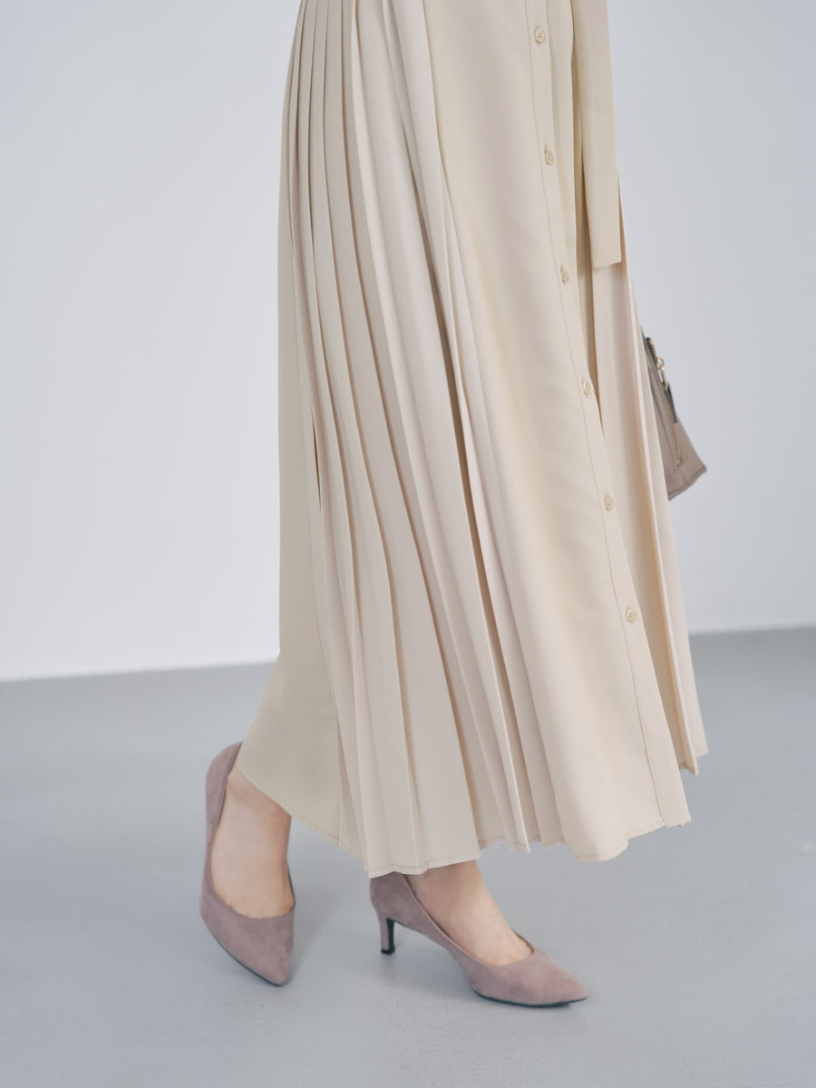 ベルト付きサイドプリーツワンピース-short & regular　[通常]