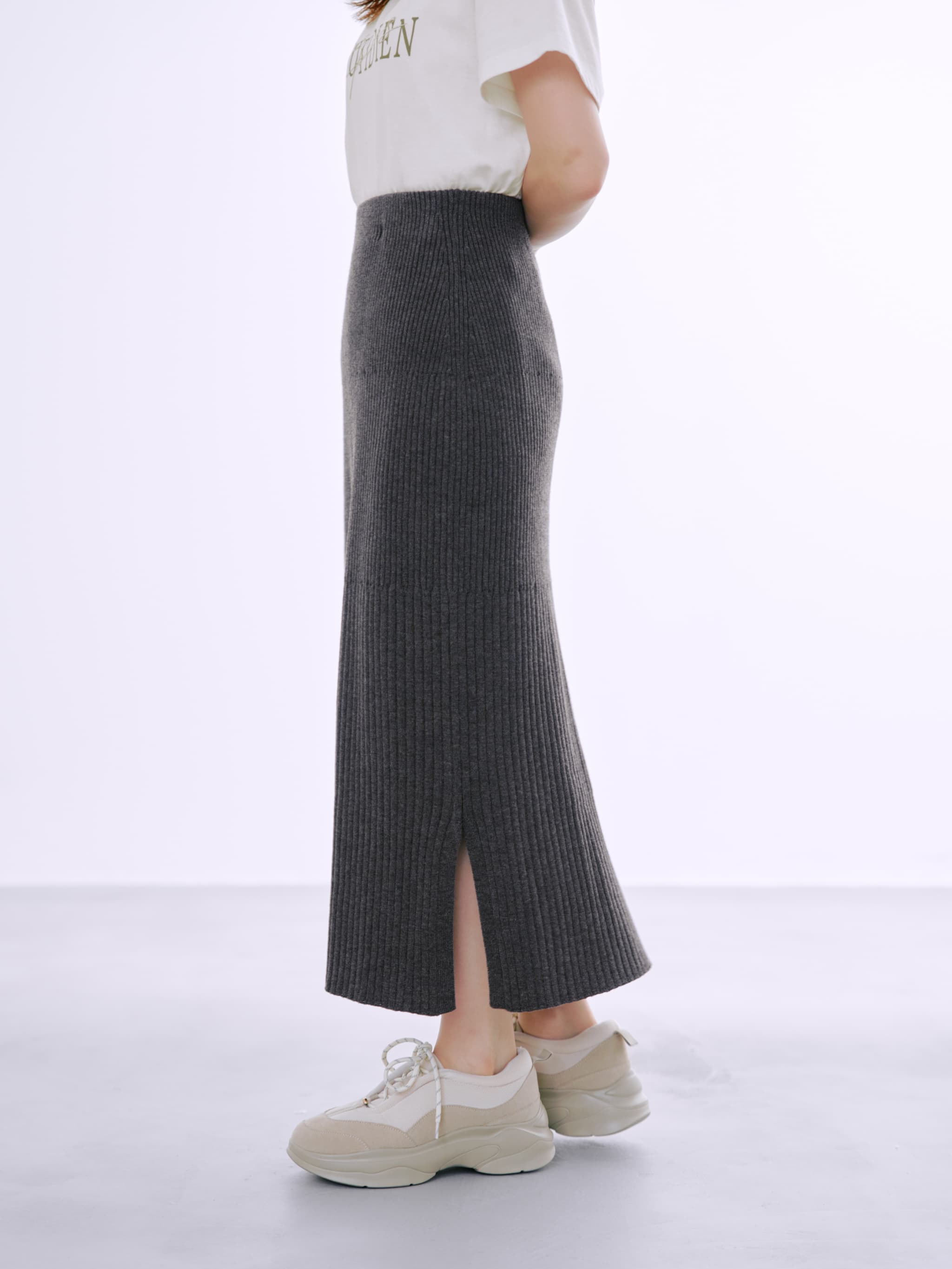 コヒナ　ウォッシャブルウール リブIラインスカート リブニットスカート グレー ウォッシャブルウールリブIラインスカート-short & regular | 小柄・低