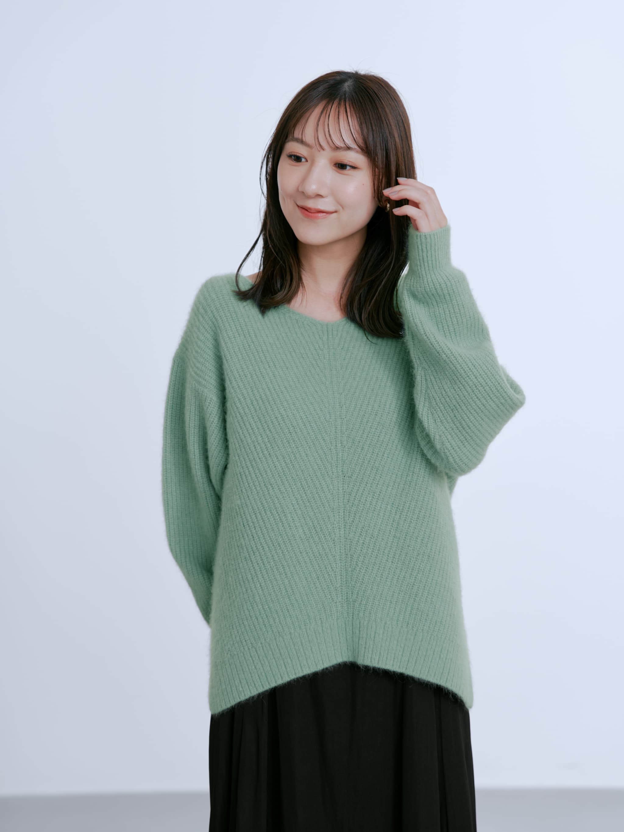 フォックスアンゴラVネックパターン柄ニット | 小柄・低身長女性 フォックスアンゴラVネックパターン柄ニット | 小柄・低身長女性