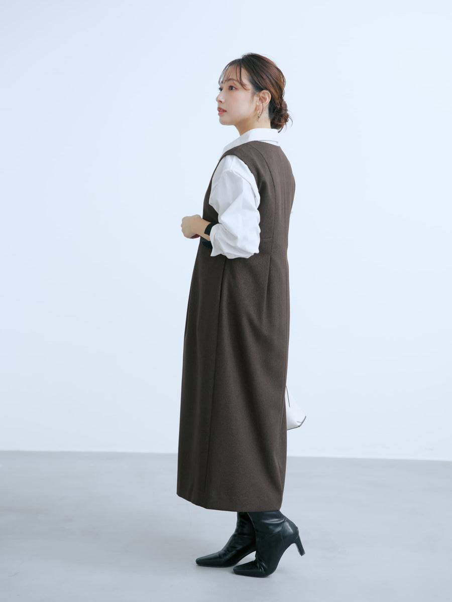 フロントボタンVネックジャンパースカート-short & regular　[通常]