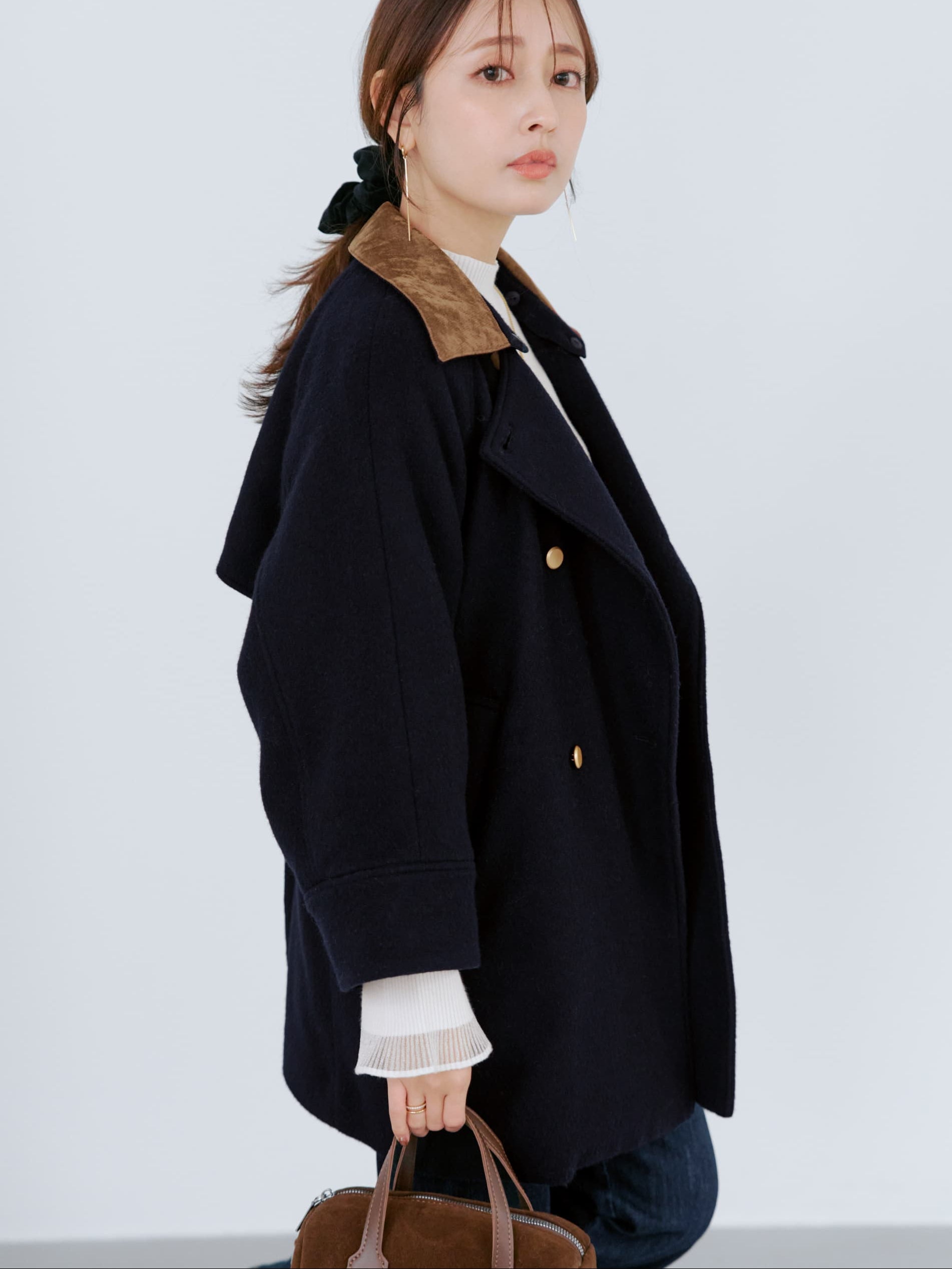 2wayカラーゴールドボタンミドルコート | 小柄・低身長女性向け