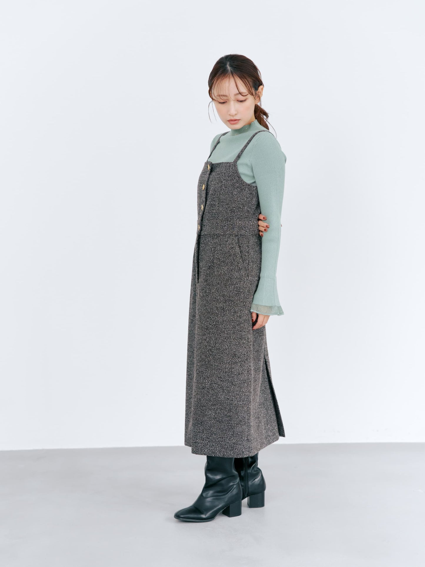 ゴールドボタンツイードジャンパースカート-short & regular　[通常]