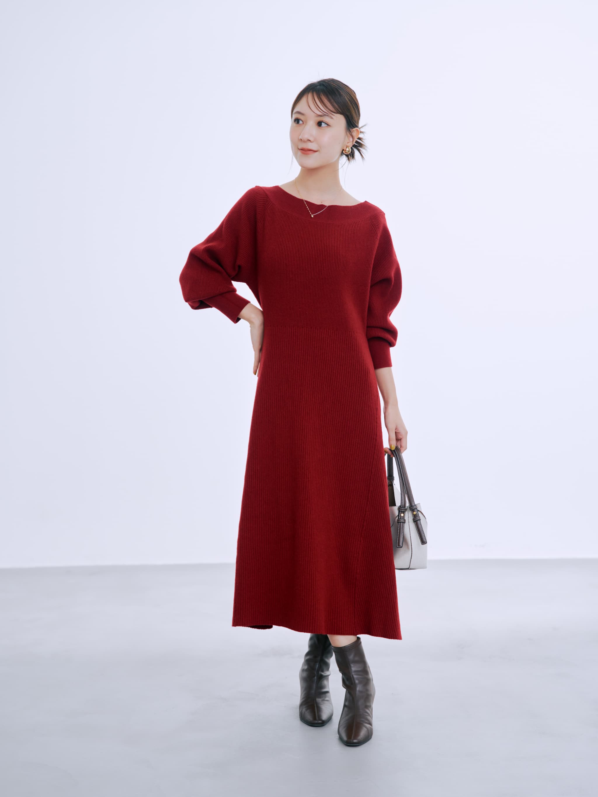 パターンリブフレアニットワンピース-short & regular | 小柄・低身長