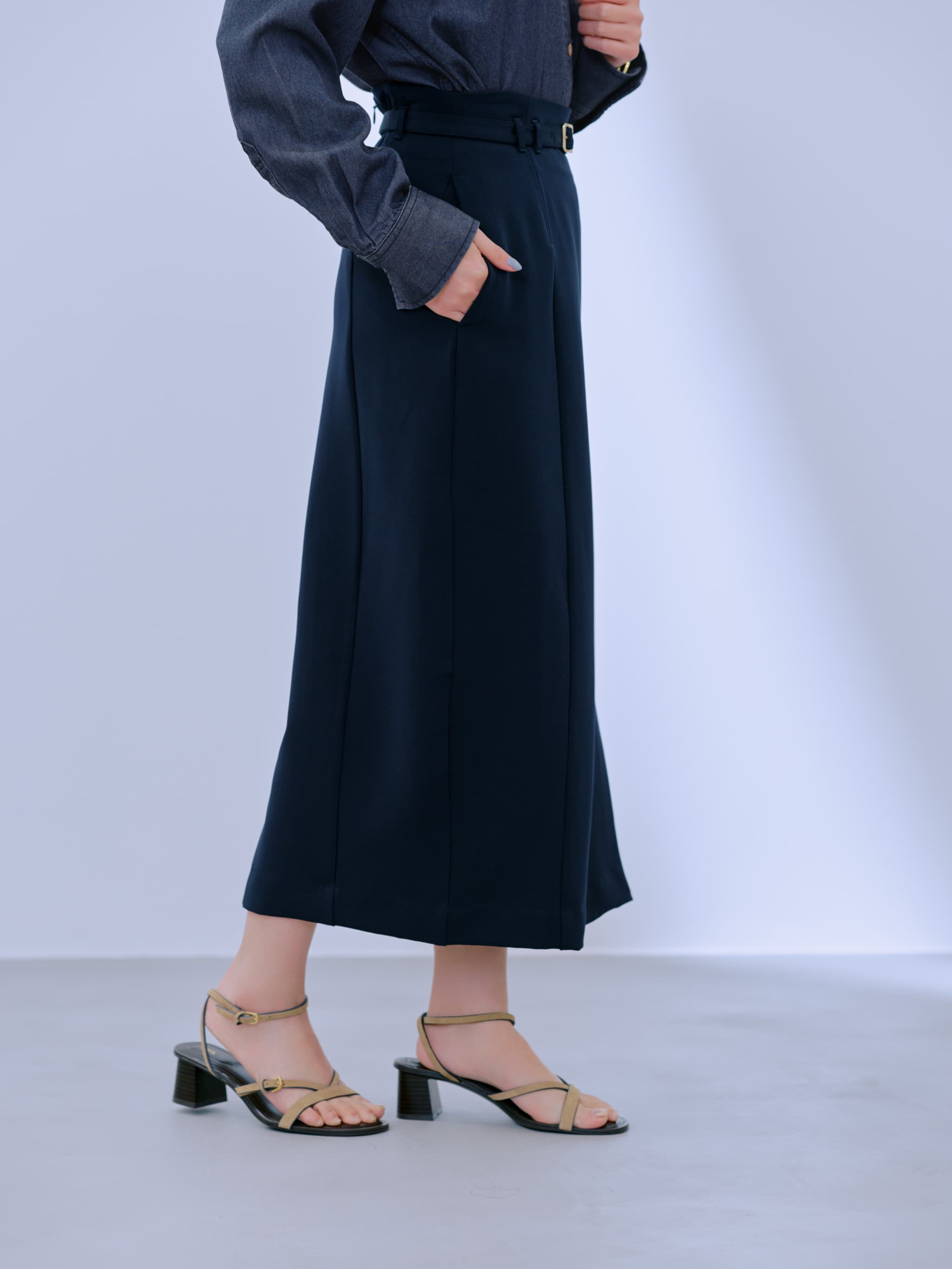 【COHINA】ベルト付きストレッチIラインスカート-regular ベルト付きストレッチIラインスカート-short & regular | 小柄・低身長