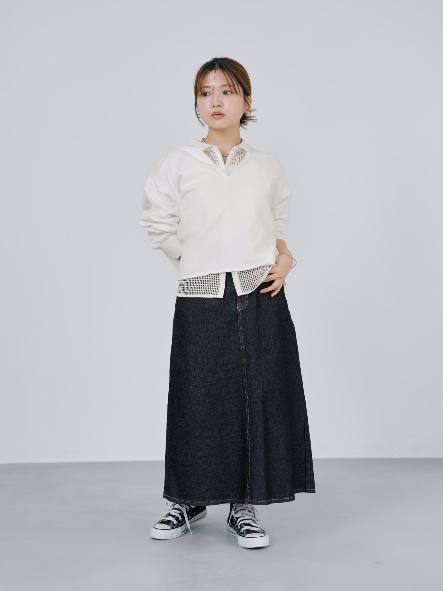 【SOMETHINGコラボ】バックタックデニムスカート-short & regular　[通常]