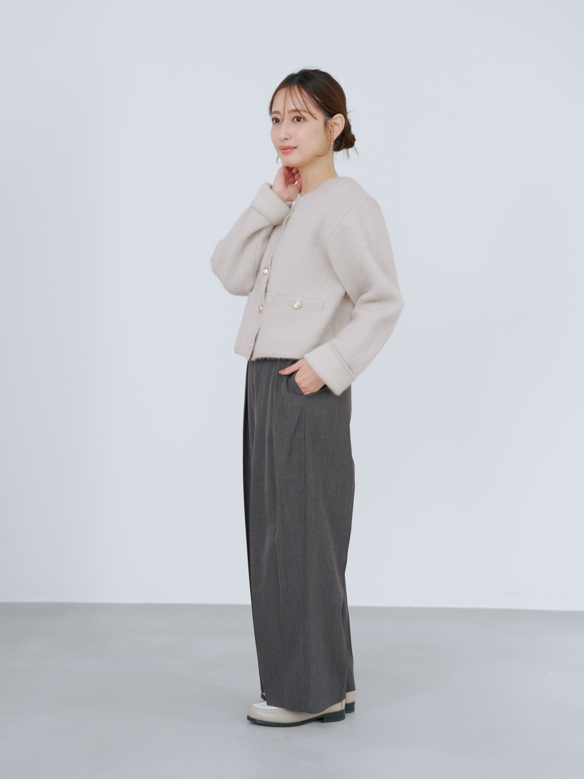 【美品】COHINAフォックスアンゴラダブルフェイスニットジャケット　グレージュ フォックスアンゴラダブルフェイスニットジャケット | 小柄・低身長