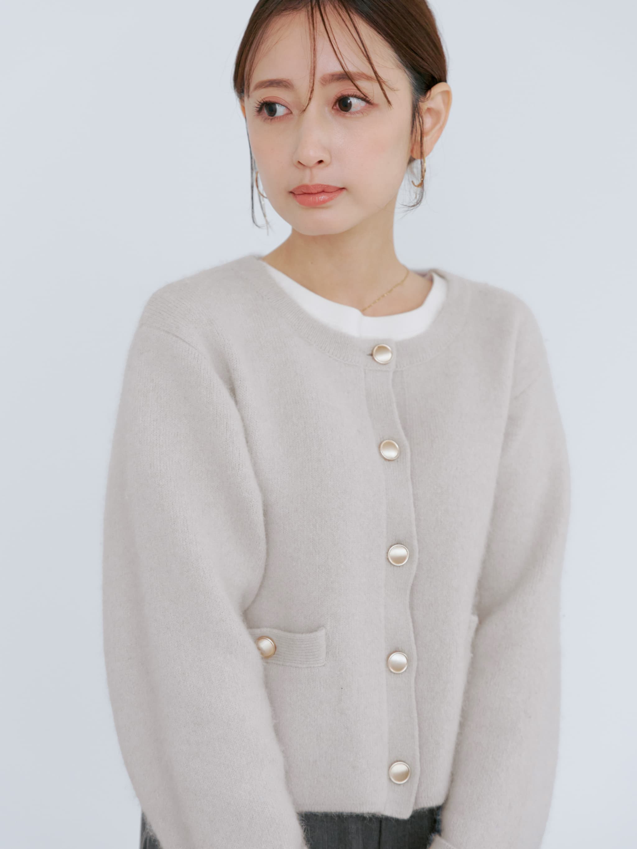 【美品】COHINAフォックスアンゴラダブルフェイスニットジャケット　グレージュ フォックスアンゴラダブルフェイスニットジャケット | 小柄・低身長