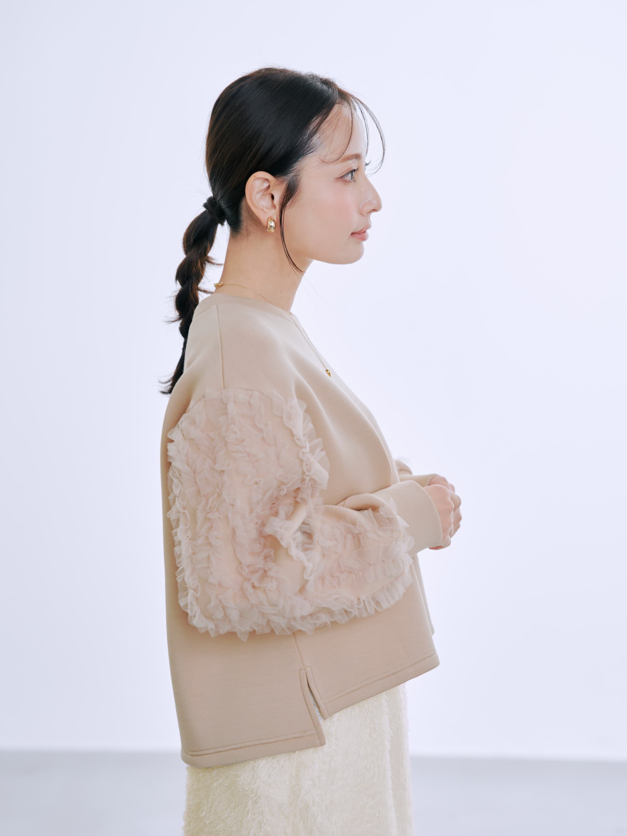 チュールスリーブダンボールトップス | 小柄・低身長女性向け