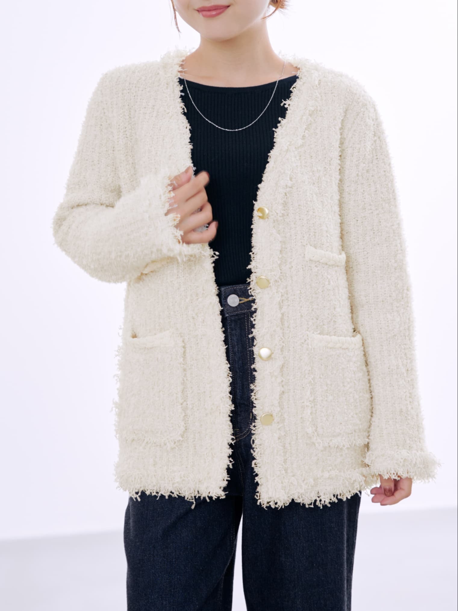 フリンジツイードニットジャケット | 小柄・低身長女性向け