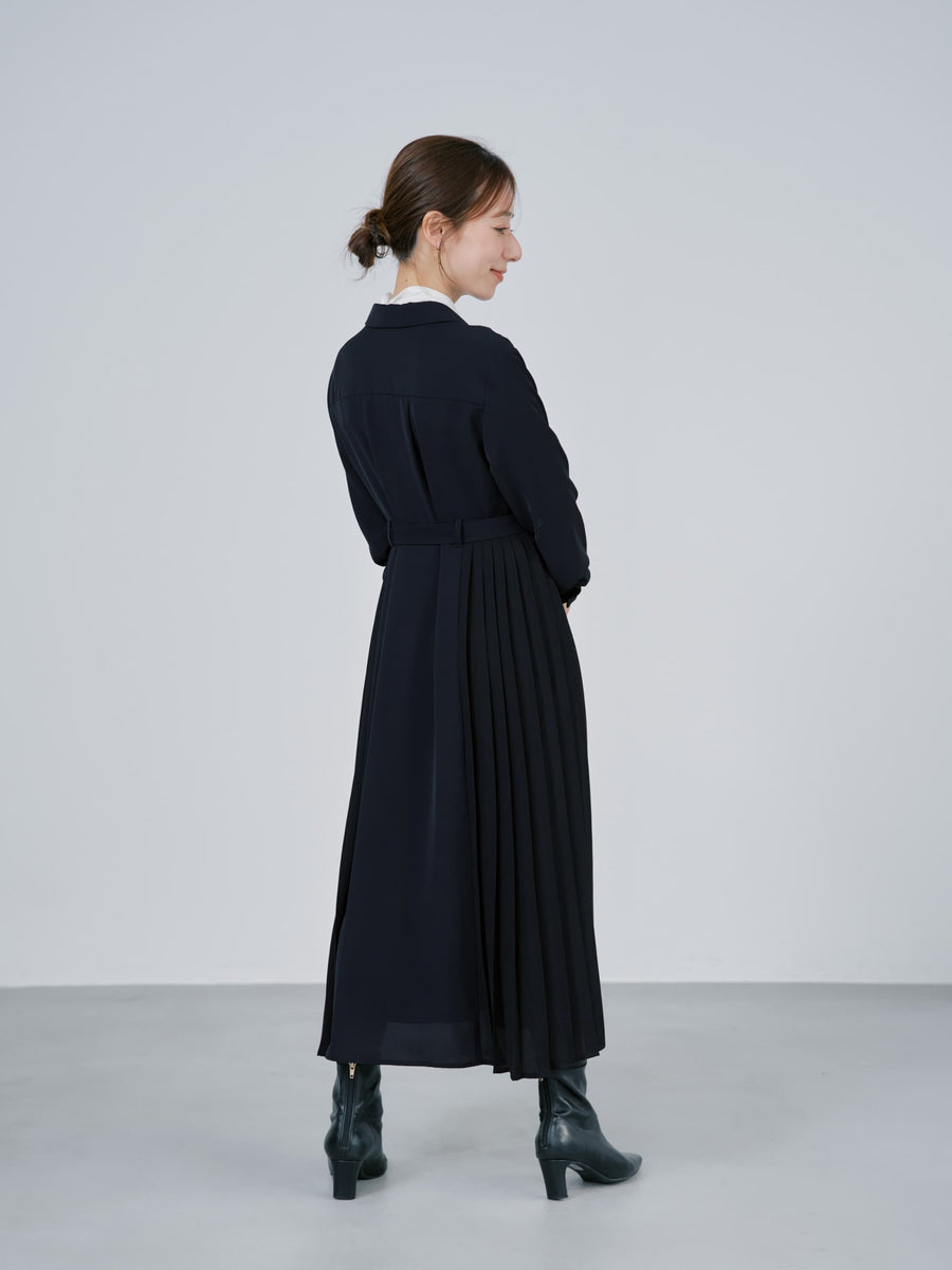 ベルト付きサイドプリーツワンピース-short & regular　[通常]