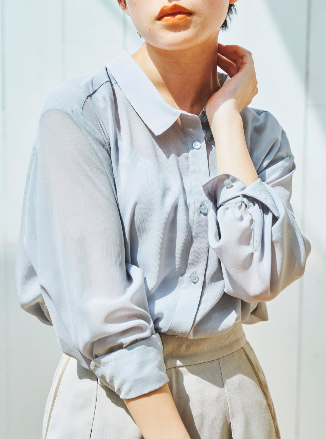 リボン付き楊柳シアーシャツ | 小柄・低身長女性向けファッション通販 