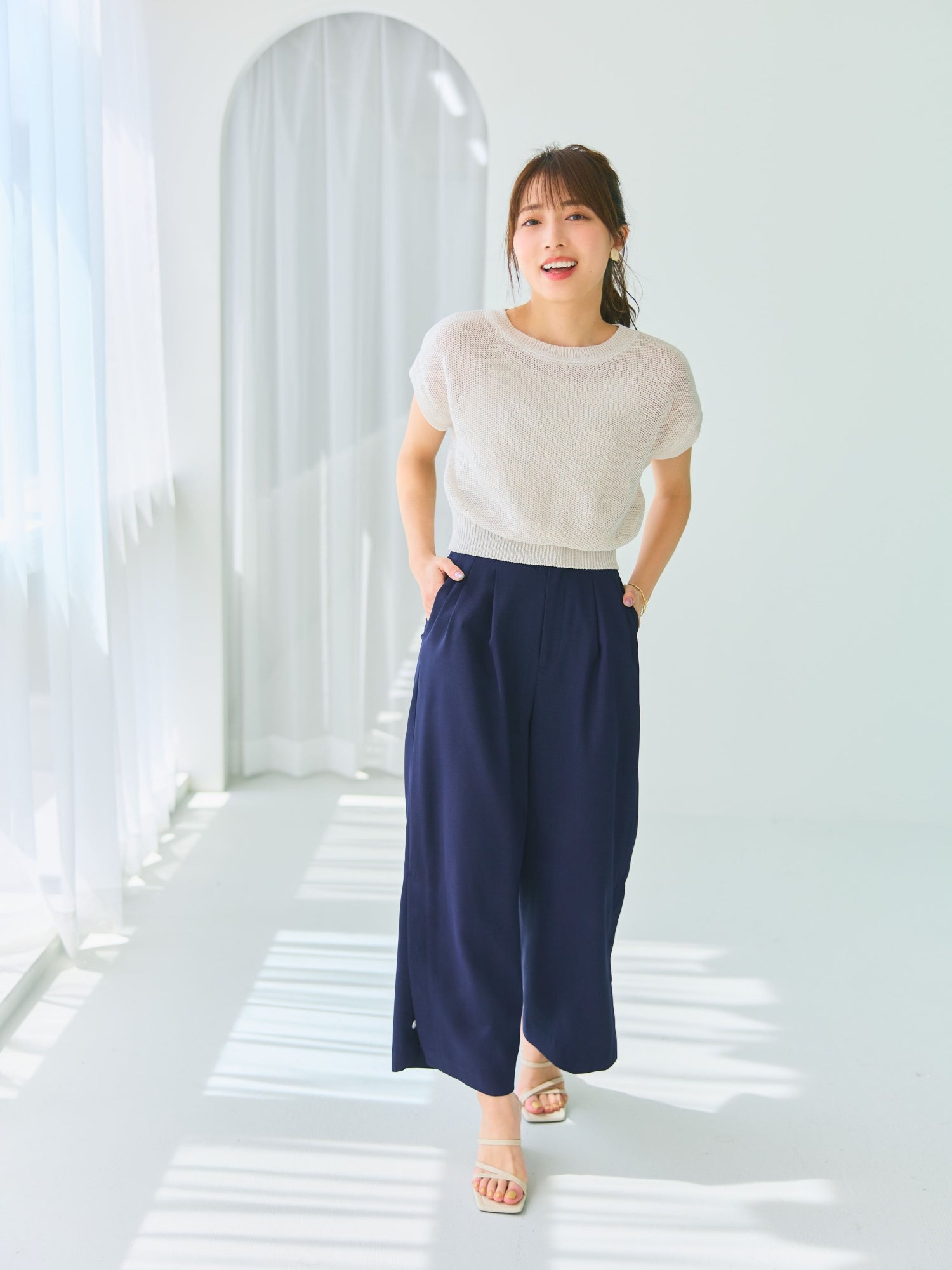 ミックスカラーメッシュニットトップス | 小柄・低身長女性向け