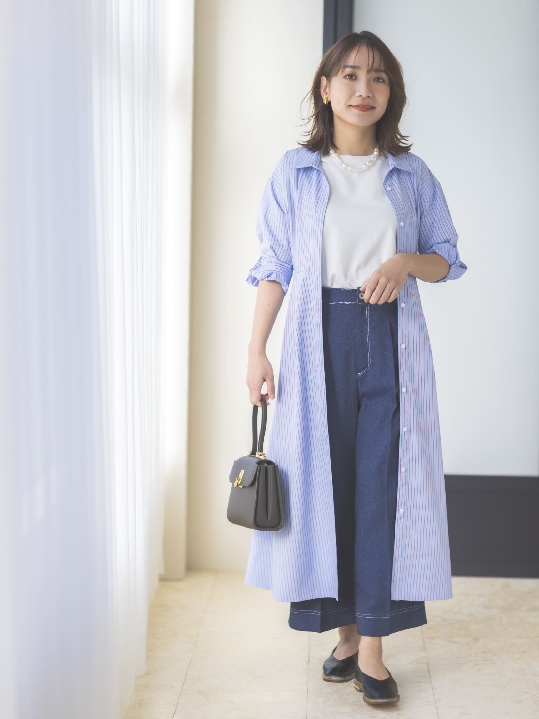 サッシュベルト付きストライプシャツワンピース | 小柄・低身長女性 サッシュベルト付きストライプシャツワンピース | 小柄・低身長女性
